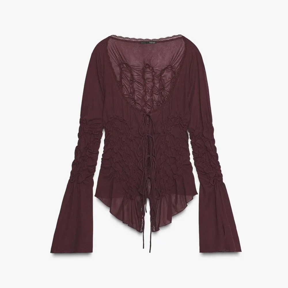 ZARA RUCHED TIE BOHO TOP